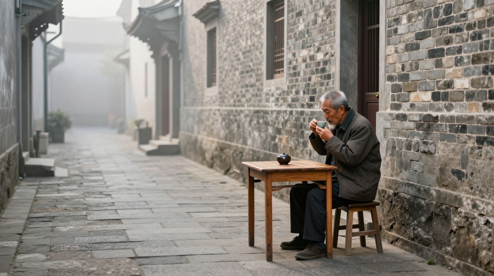 An elderly local drinking warm yellow wine in a quiet Shaoxing alley