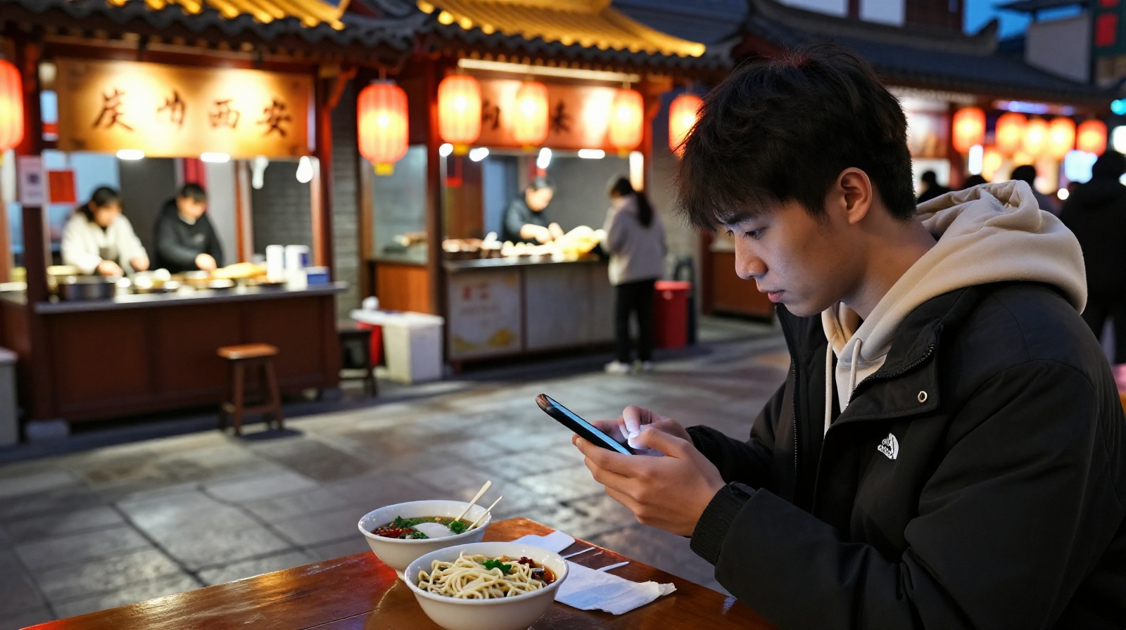 Close-up of a teenager paying for noodles with a mobile phone at a bustling night market in Xi'an, standing on ancient stone pavement near the city wall