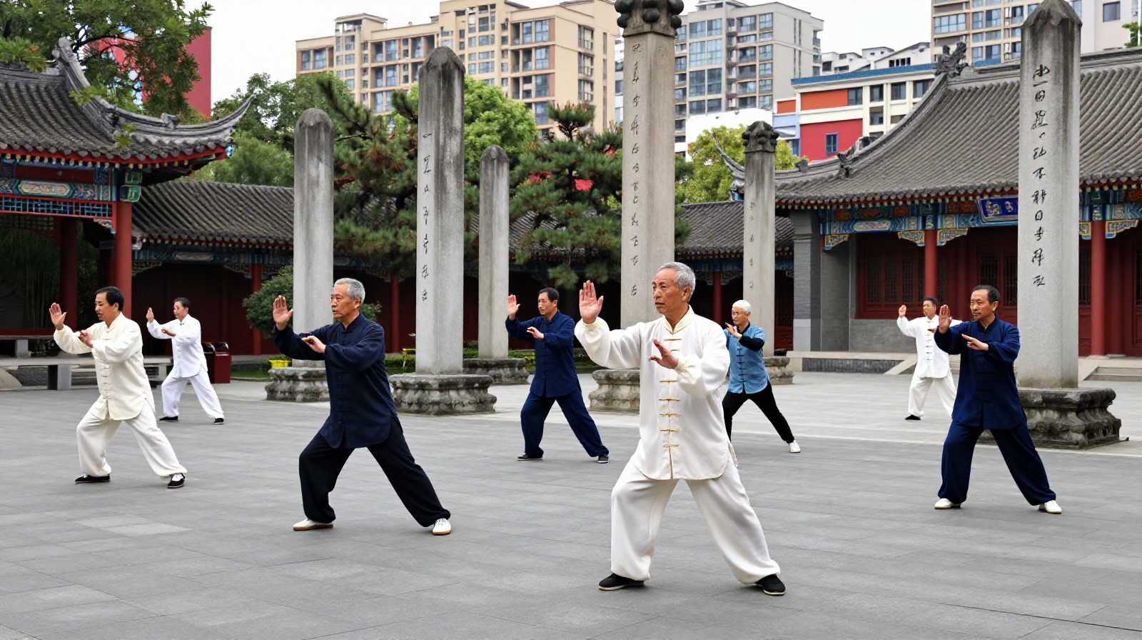 Seniors practicing Tai Chi in a Xi'an park featuring traditional Han dynasty style stone structures