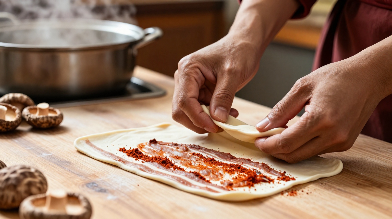 Close-up of Chinese monk hands shaping wheat gluten to imitate pork belly texture in a traditional temple kitchen