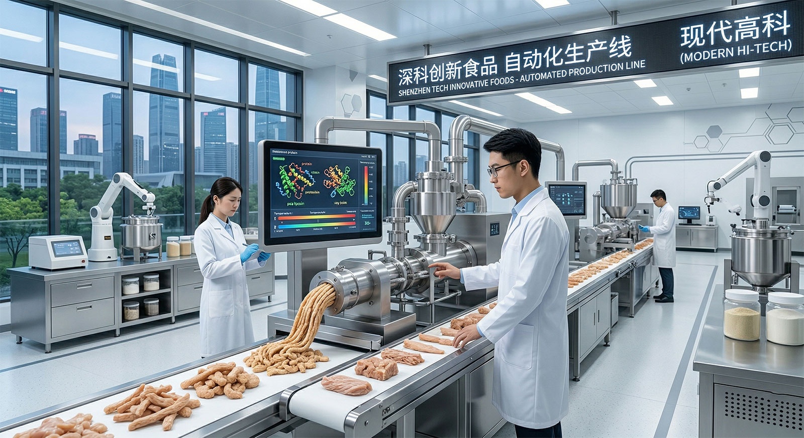 Modern Chinese factory producing plant-based meat using high-moisture extrusion technology