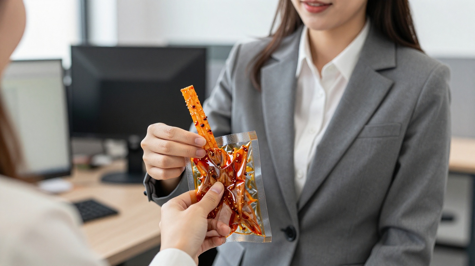 Young Chinese professional sharing spicy gluten strip snacks from a colorful packet in a modern office breakroom