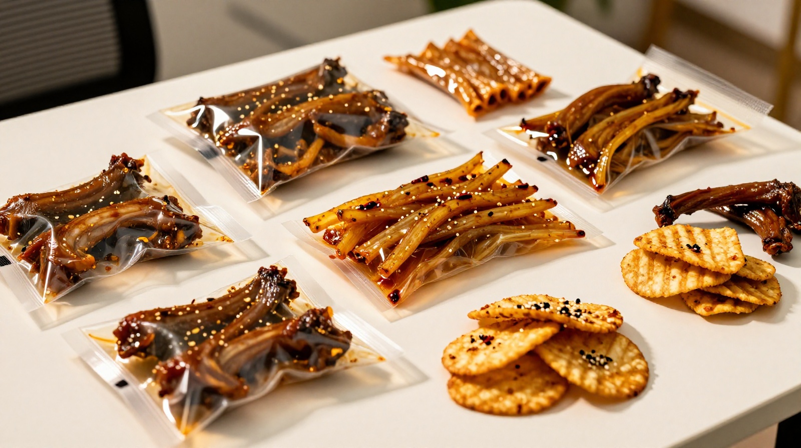 Assortment of iconic Chinese office snacks including spicy duck necks and chili-flavored chips on a desk