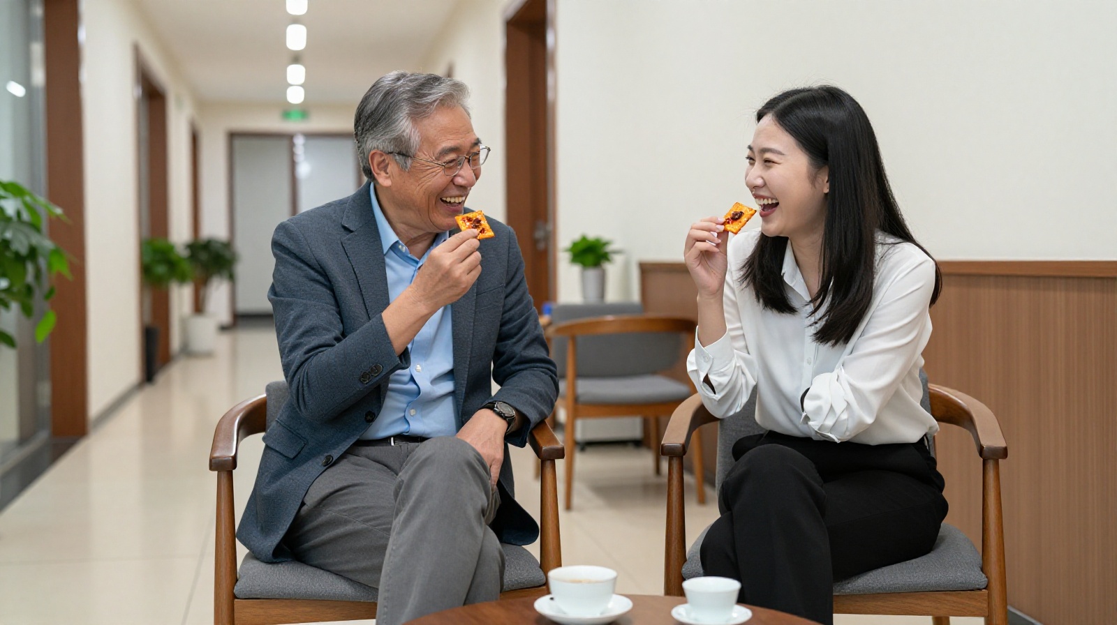 Senior manager and junior employee sharing food and laughing together in a casual office setting