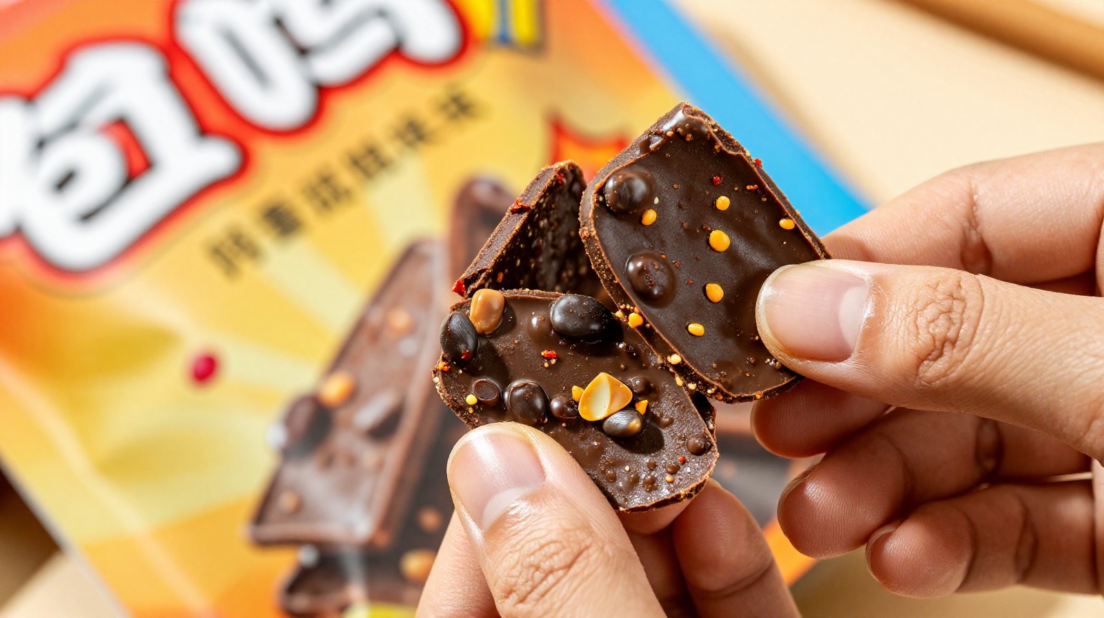Close up of a worker holding unusual flavored snacks like spicy chocolate in an office environment