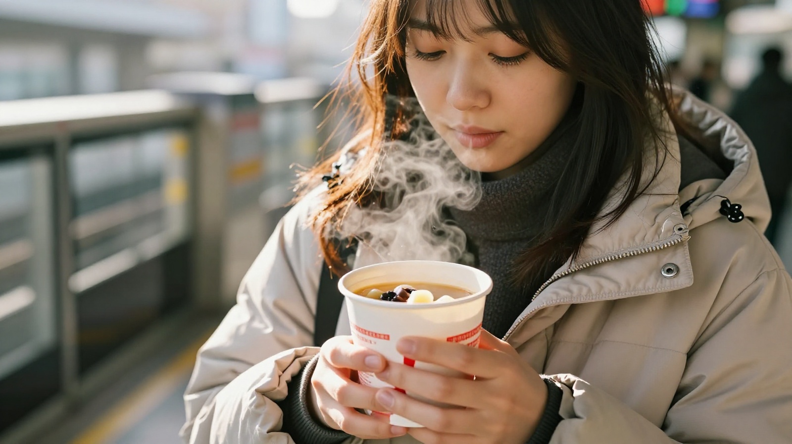 A commuter drinking hot oden soup from a paper cup on a freezing winter morning near a subway station