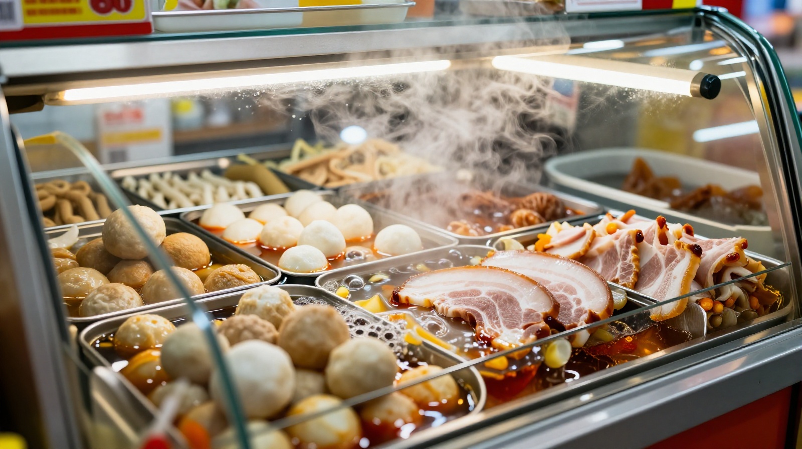 Glass display case of Japanese-style oden with Chinese adaptations like spicy broth and large fish balls inside a modern convenience store