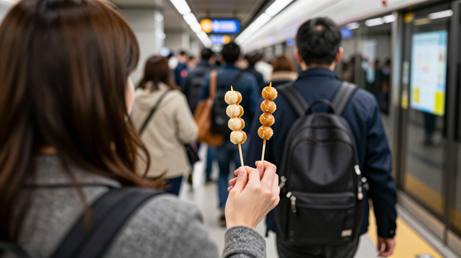 A person eating oden skewers while waiting for the train on a busy Chinese subway platform