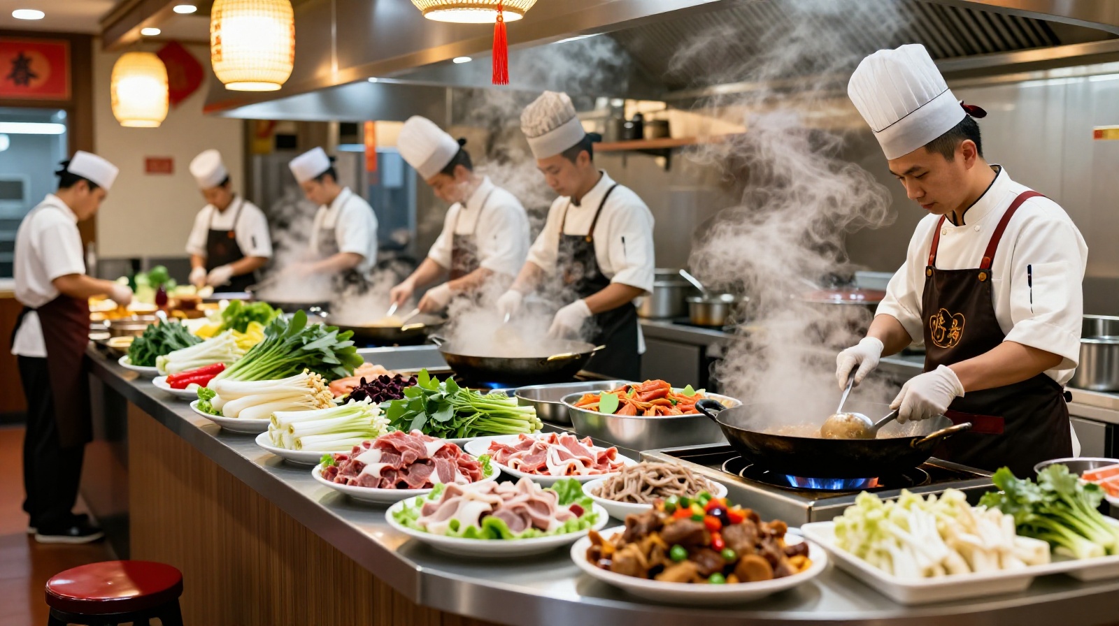 Chefs in a high-end Chinese restaurant preparing authentic regional dishes using traditional methods