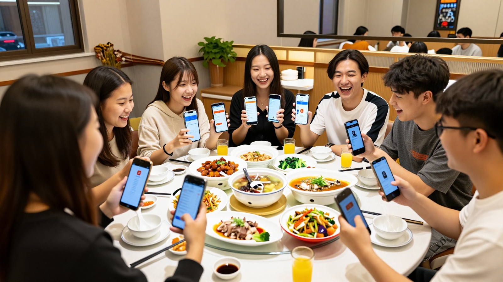 Young Chinese people dining together in a modern restaurant while checking their phones for food reviews