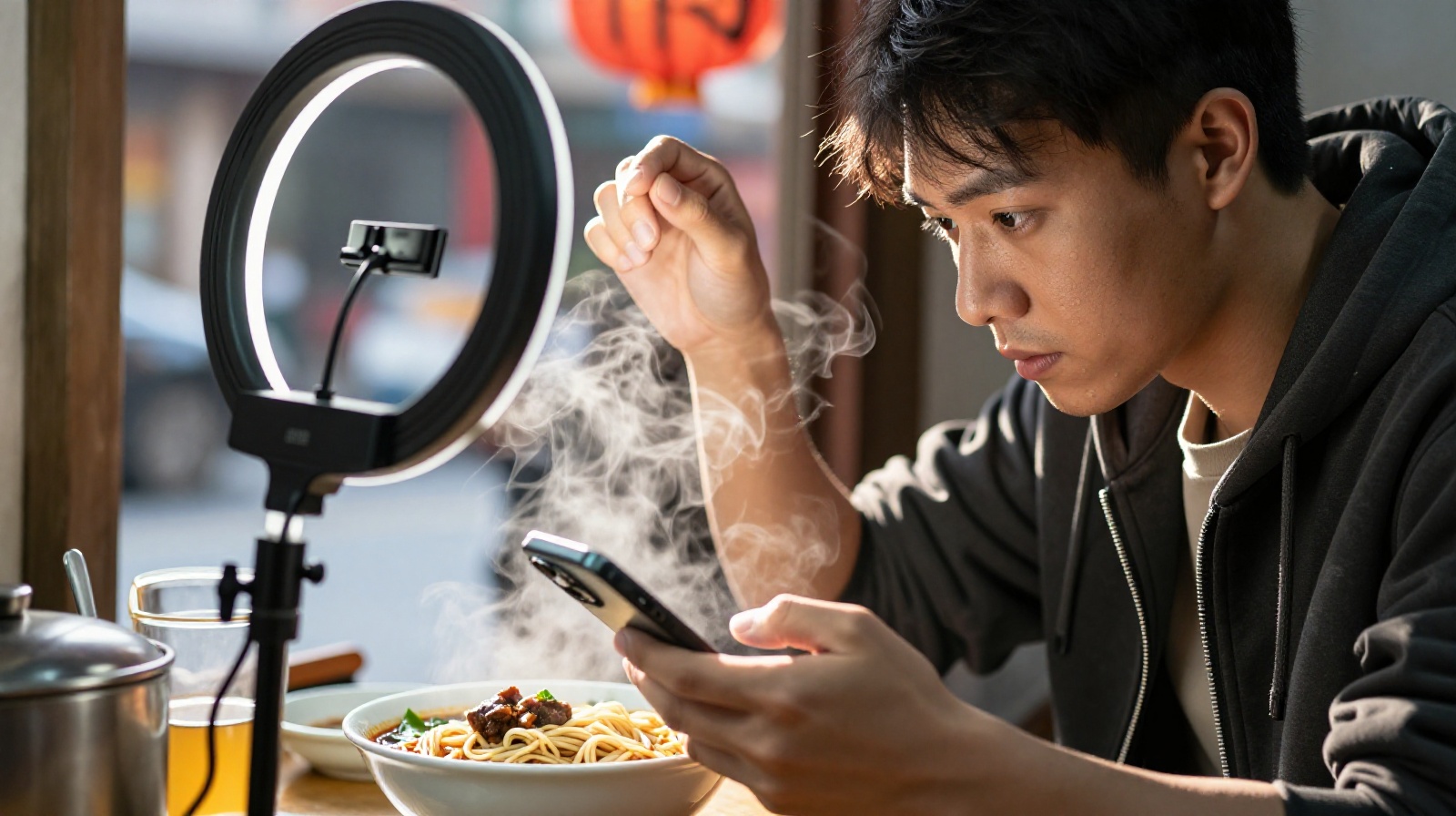 Chinese food blogger adjusting ring light and filming breakfast in Chengdu street stall