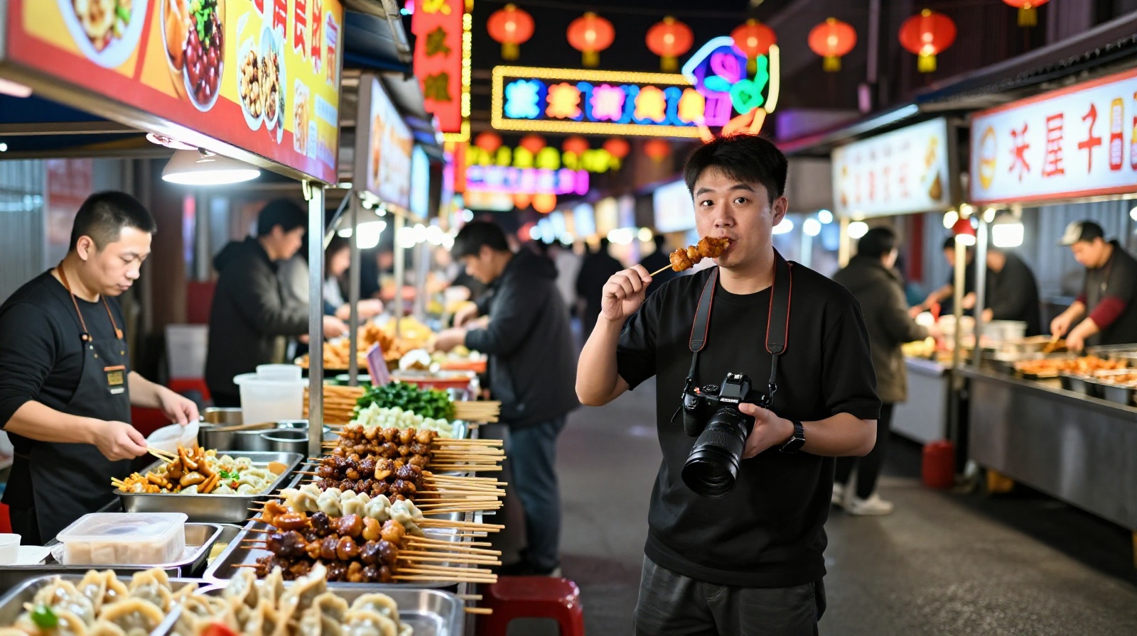 Food influencer filming and eating street food in a crowded Chinese night market