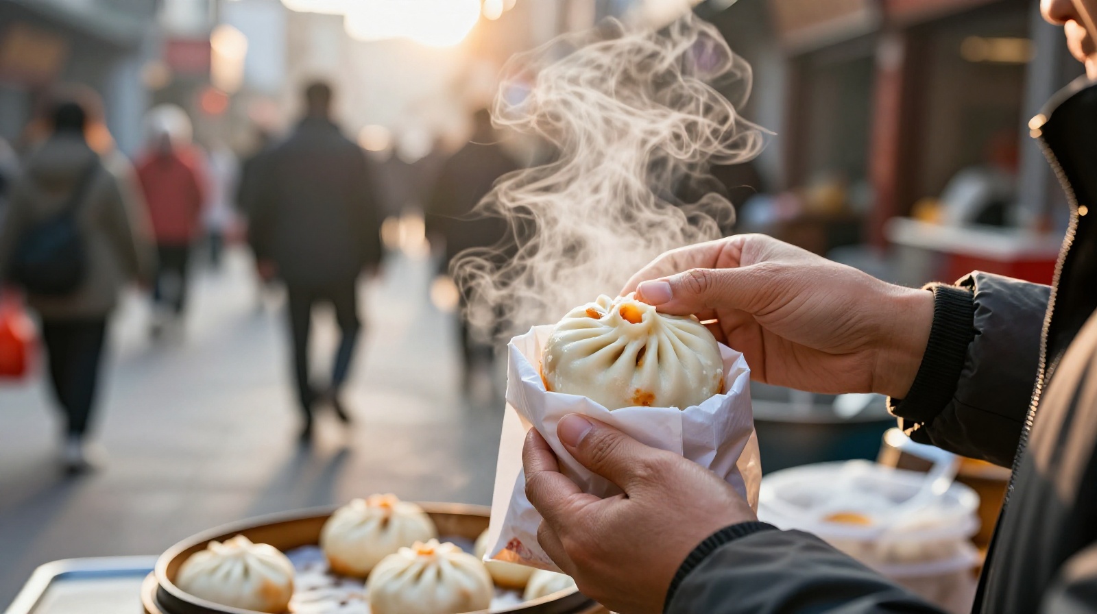 Street vendor serving fresh steamed buns to commuters in Beijing at dawn