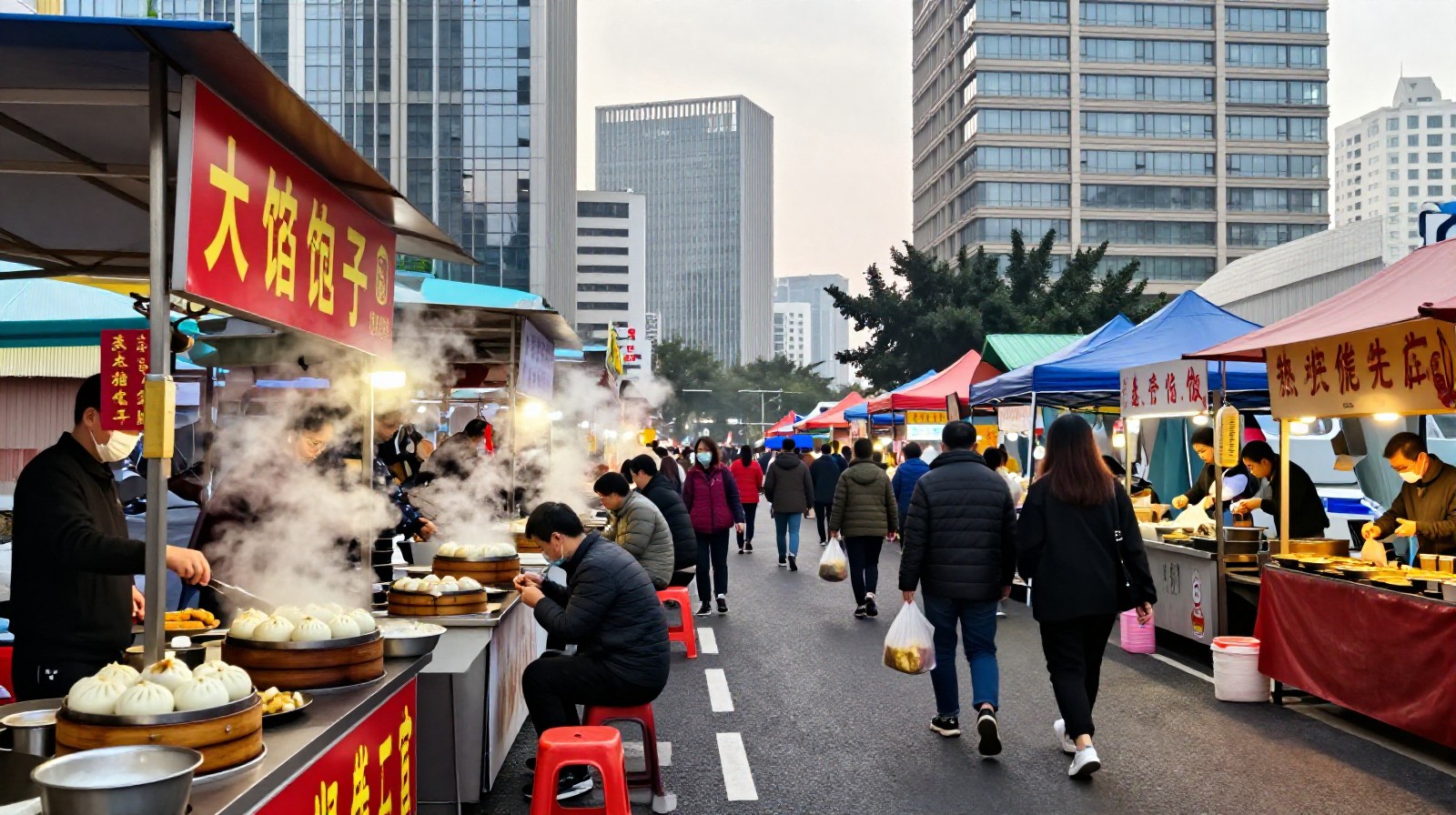 Contrast between traditional street food vendors and modern skyscrapers in a Chinese city