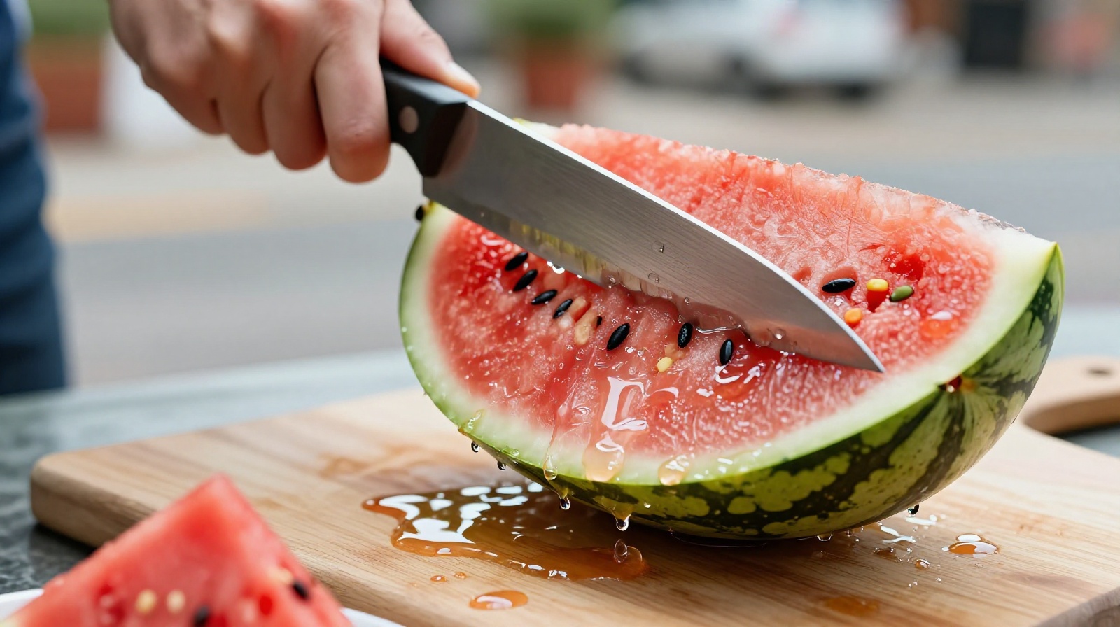 A vendor's hand slicing a fresh, glistening red watermelon on a wooden board with visible ice condensation