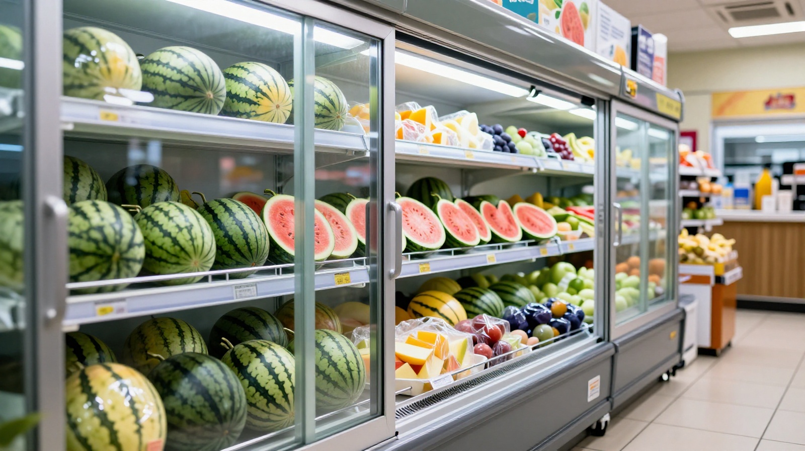 Rows of ice-cold watermelons and pre-cut fruit displayed in a refrigerated glass-door cooler at a Chinese convenience store