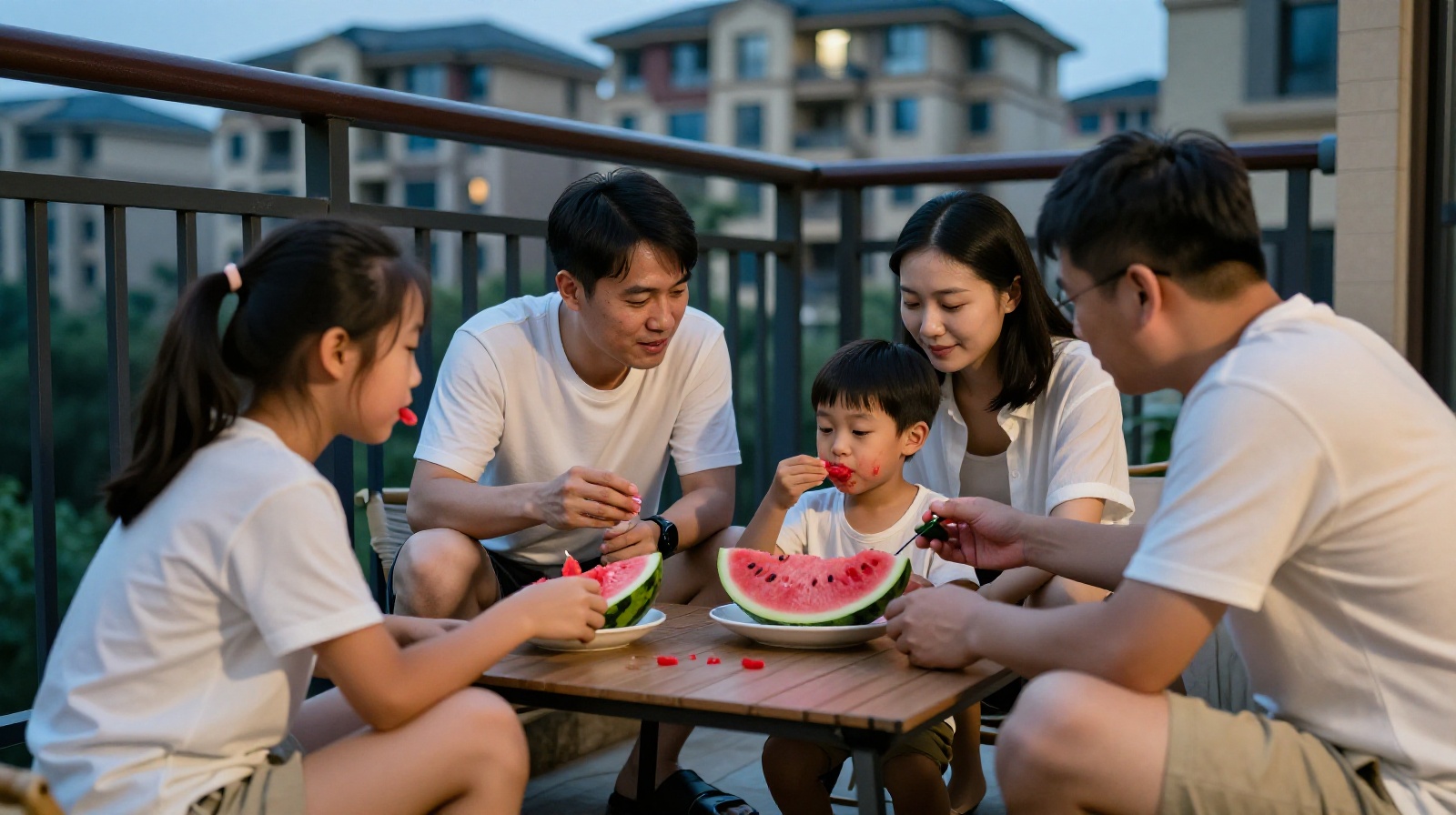 A Chinese family enjoying ice-cold watermelon slices together on a balcony at dusk