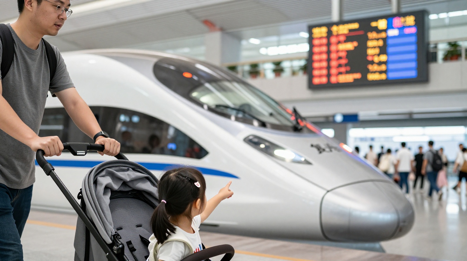 A father pushing a stroller and his daughter looking at the digital departure board inside Shanghai Hongqiao Station.