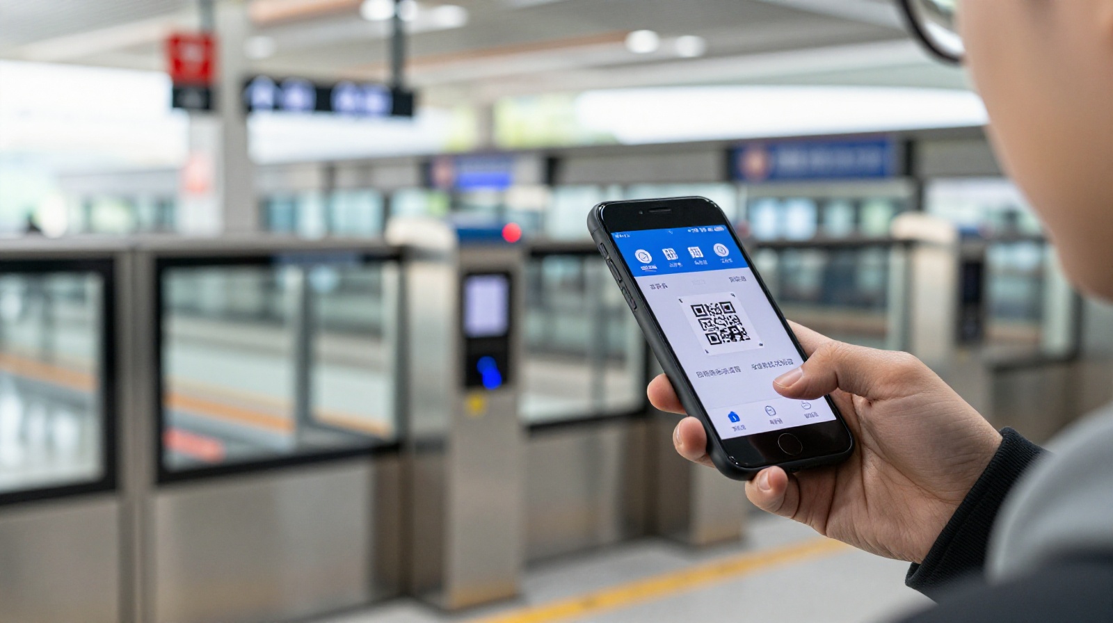 Passenger scanning a mobile ticket QR code at an automated entry gate at Chengdu East Station.