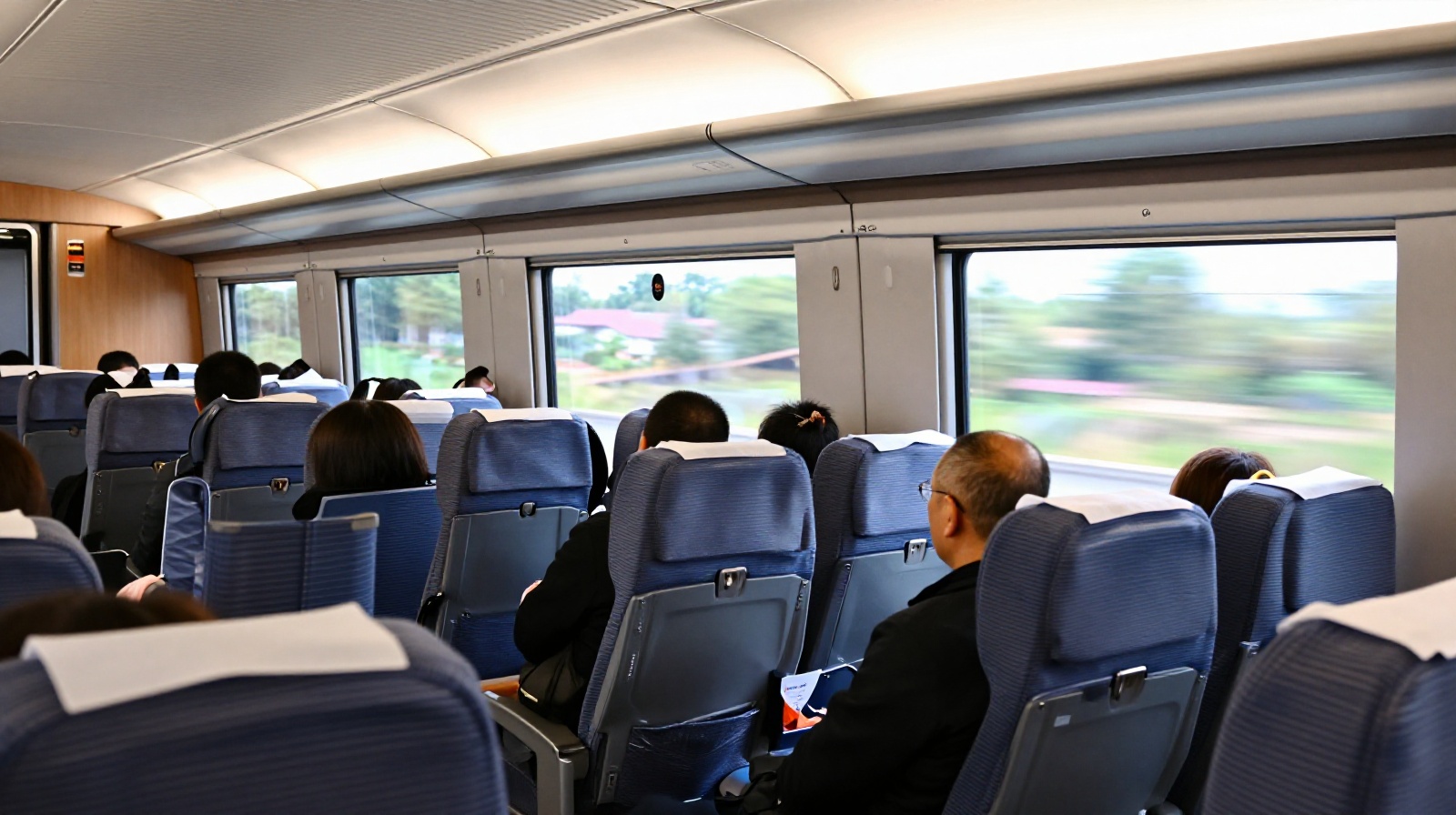Inside a clean and spacious CRH high-speed train carriage traveling through rural China.