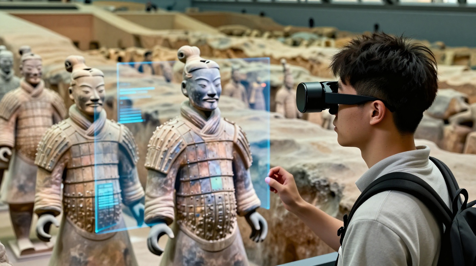 Tourist using augmented reality glasses to view colorful ancient details of Terracotta Warriors in Xi'an museum