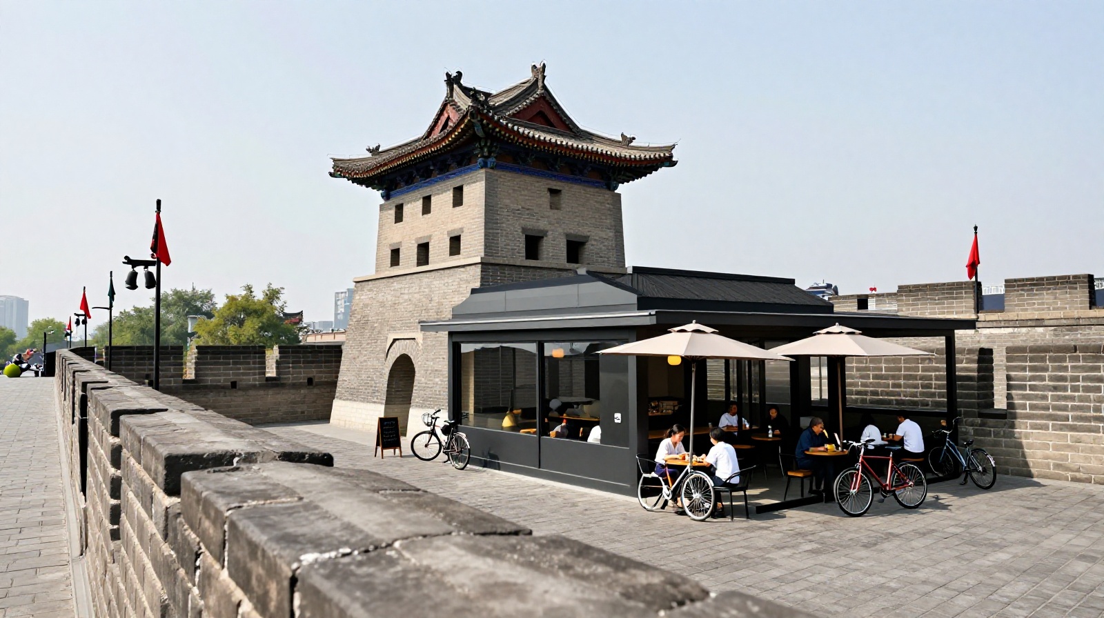 Locals relaxing at a cafe inside an ancient watchtower on Xi'an City Wall