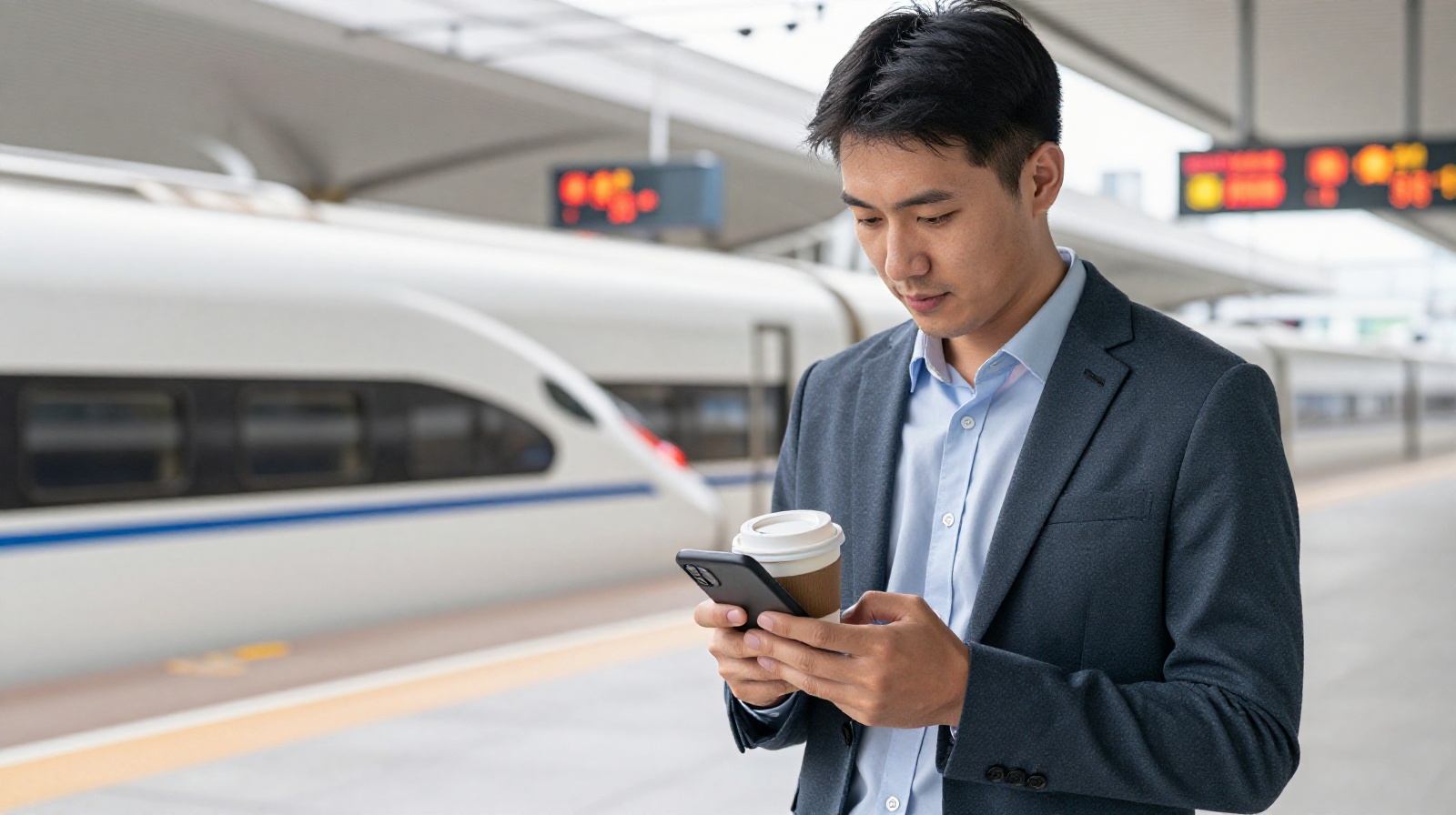 Young Chinese professional commuter standing on a modern high-speed rail platform holding coffee and checking his phone as a train arrives