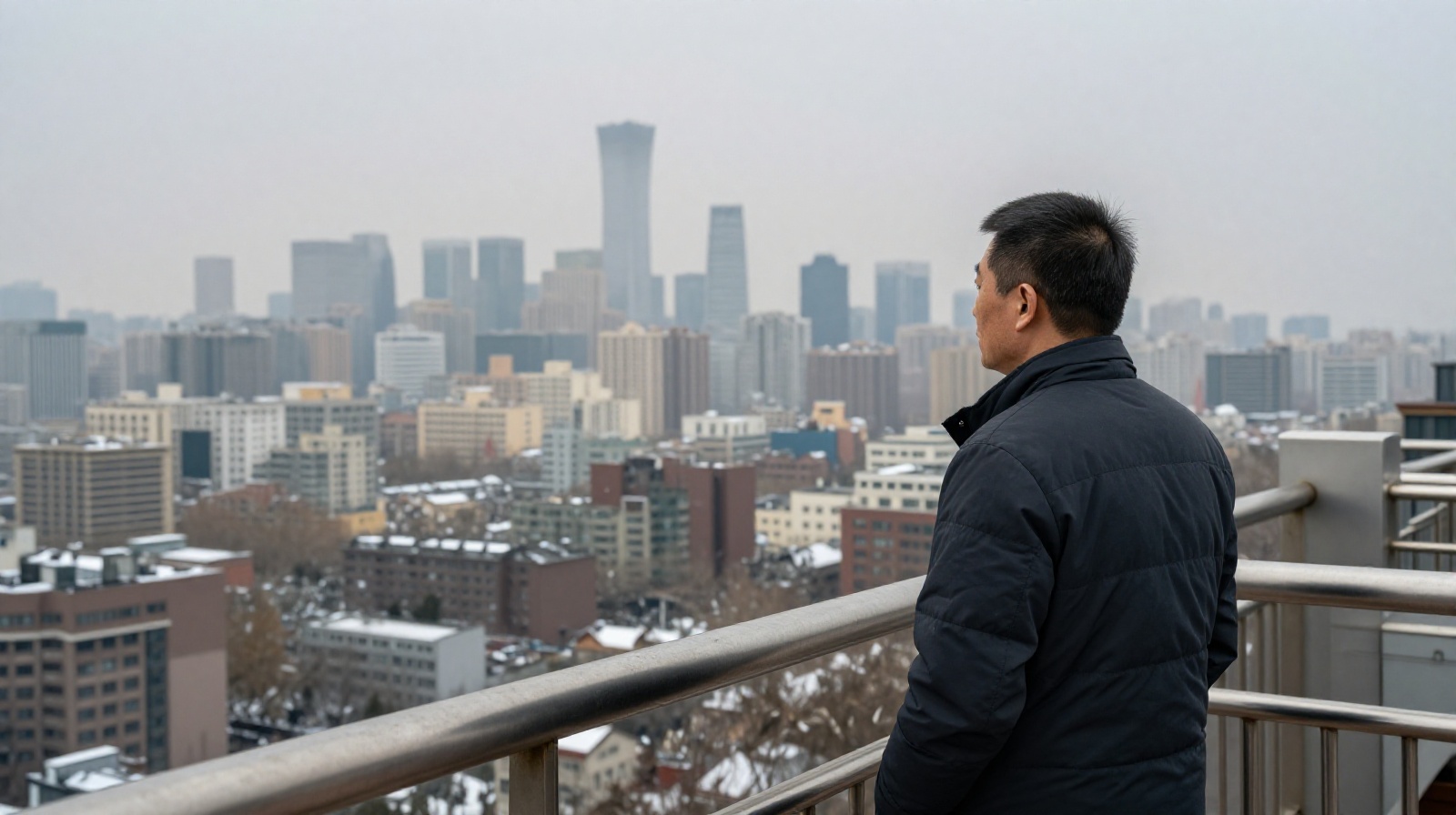 An elderly resident in Beijing looks out over a gray, smog-filled cityscape from his apartment balcony during the 1990s.