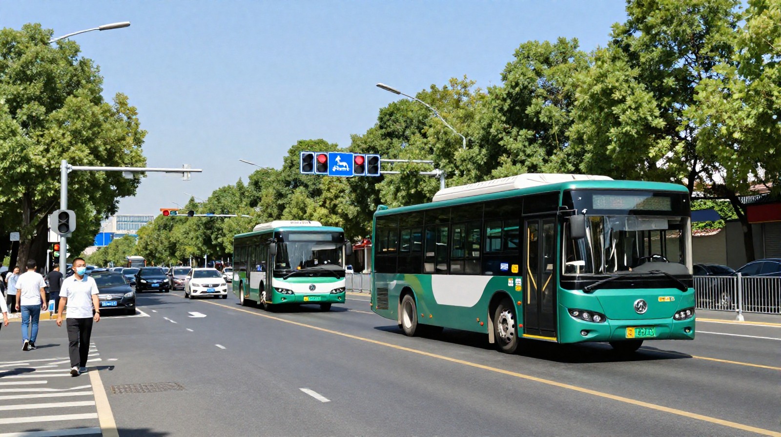 Electric buses driving on a Beijing street under a clear blue sky with no visible smog.
