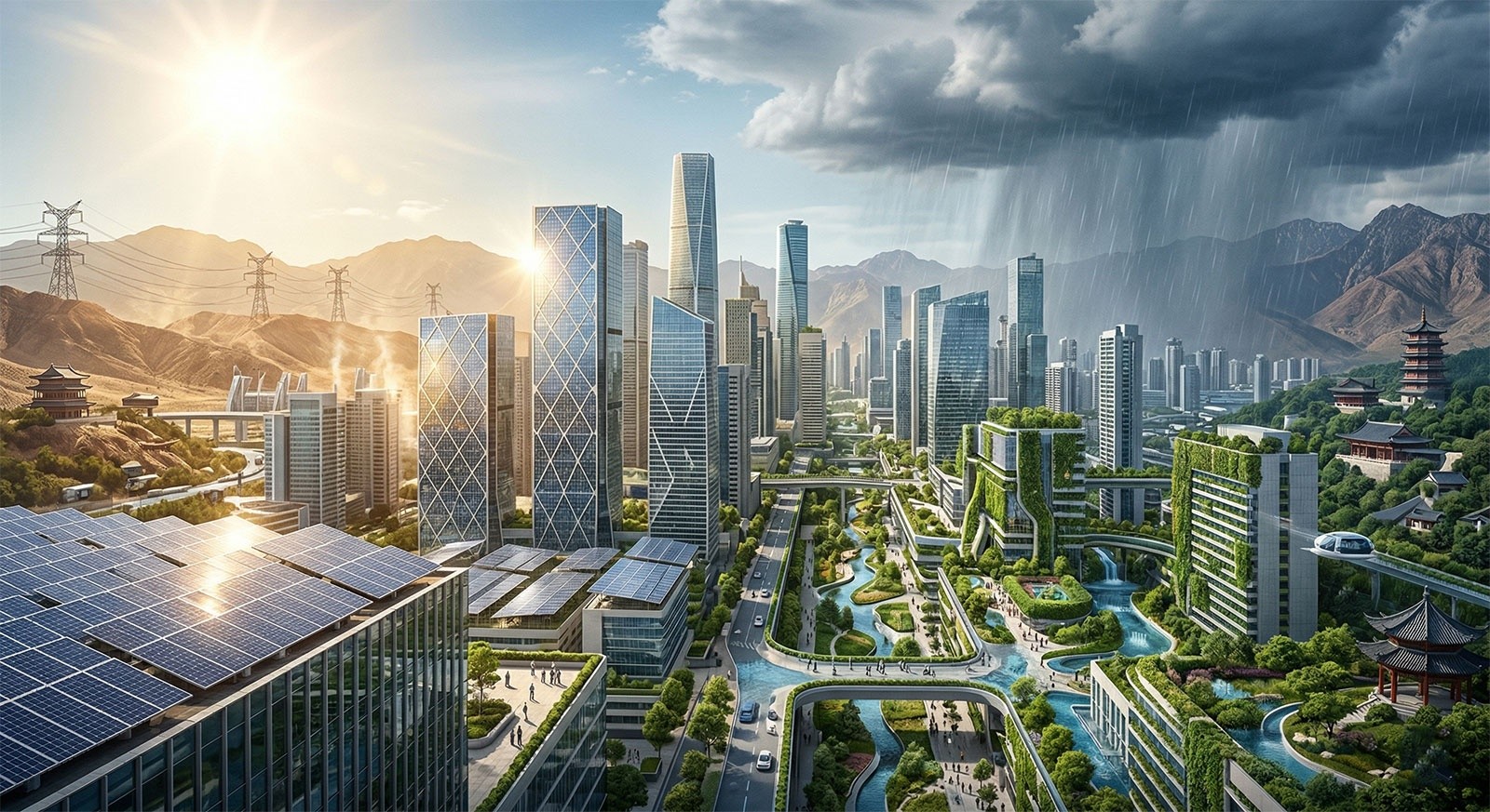 A conceptual view of a sustainable Chinese city in 2050 with green architecture and clean energy infrastructure.