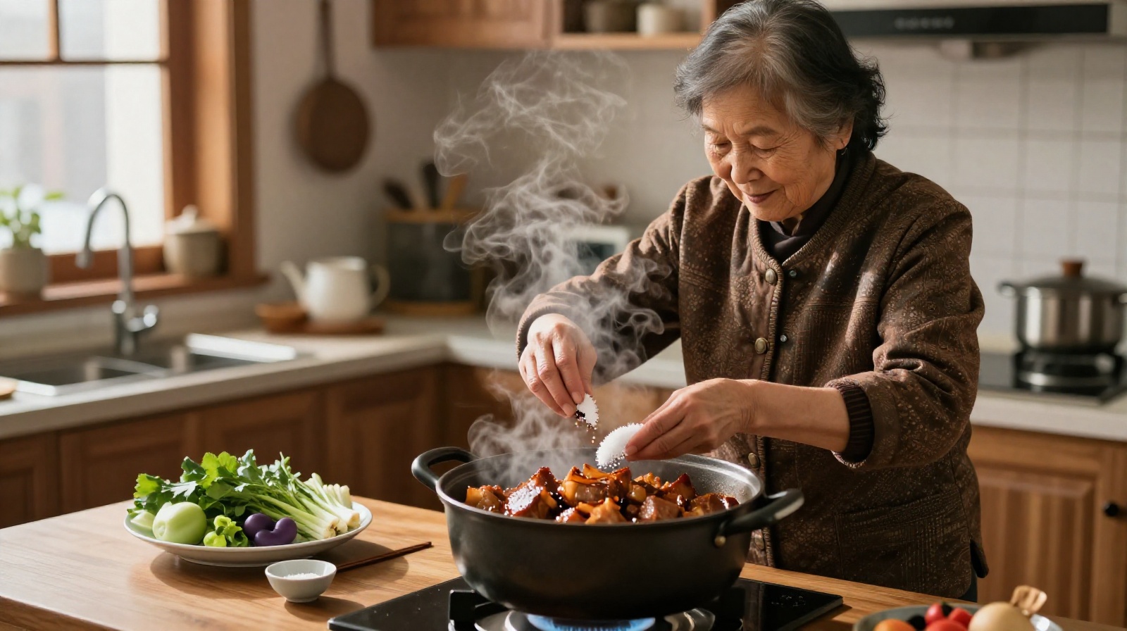 A Chinese grandmother in a Beijing kitchen adding salt to a traditional braised pork dish, illustrating northern salty cuisine traditions.