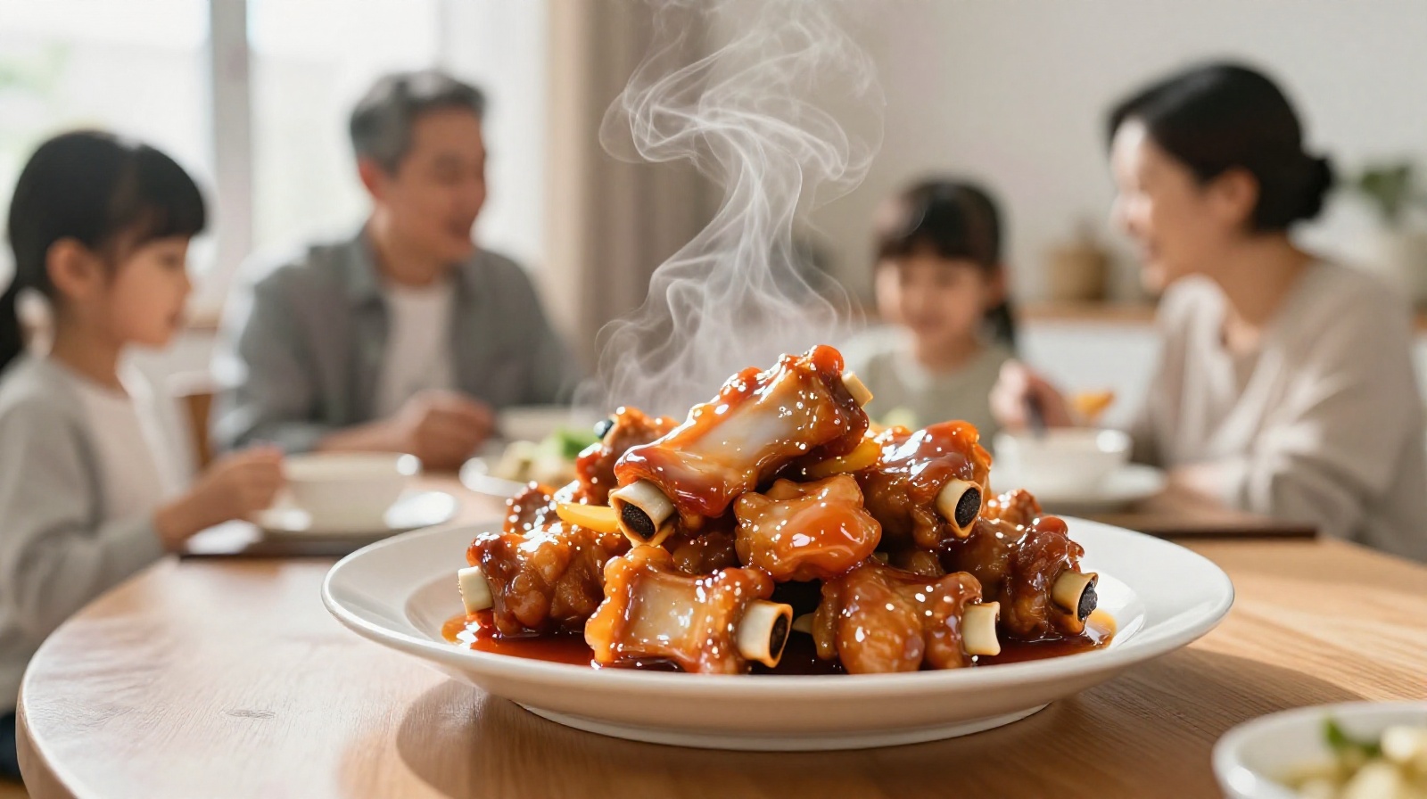 A home-cooked meal in Shanghai featuring sweet and sour pork ribs with a glossy red glaze on a wooden table.