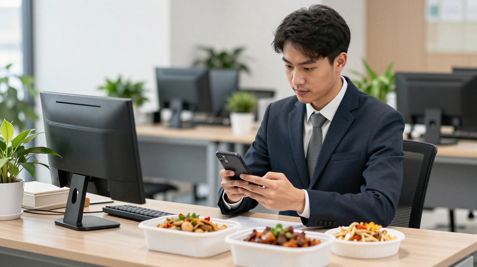 A young worker in a Shanghai office using a food delivery app, surrounded by takeout containers from various Chinese regional styles.