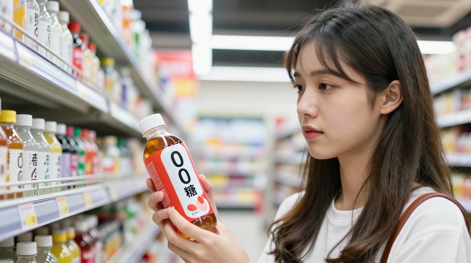 Young Chinese shopper examining low-sugar beverage options in a modern supermarket aisle