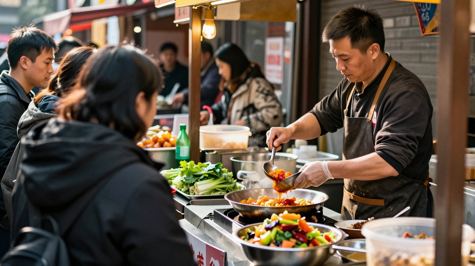 Street food vendor in Chengdu preparing a traditional dish with reduced sugar and fresh ingredients