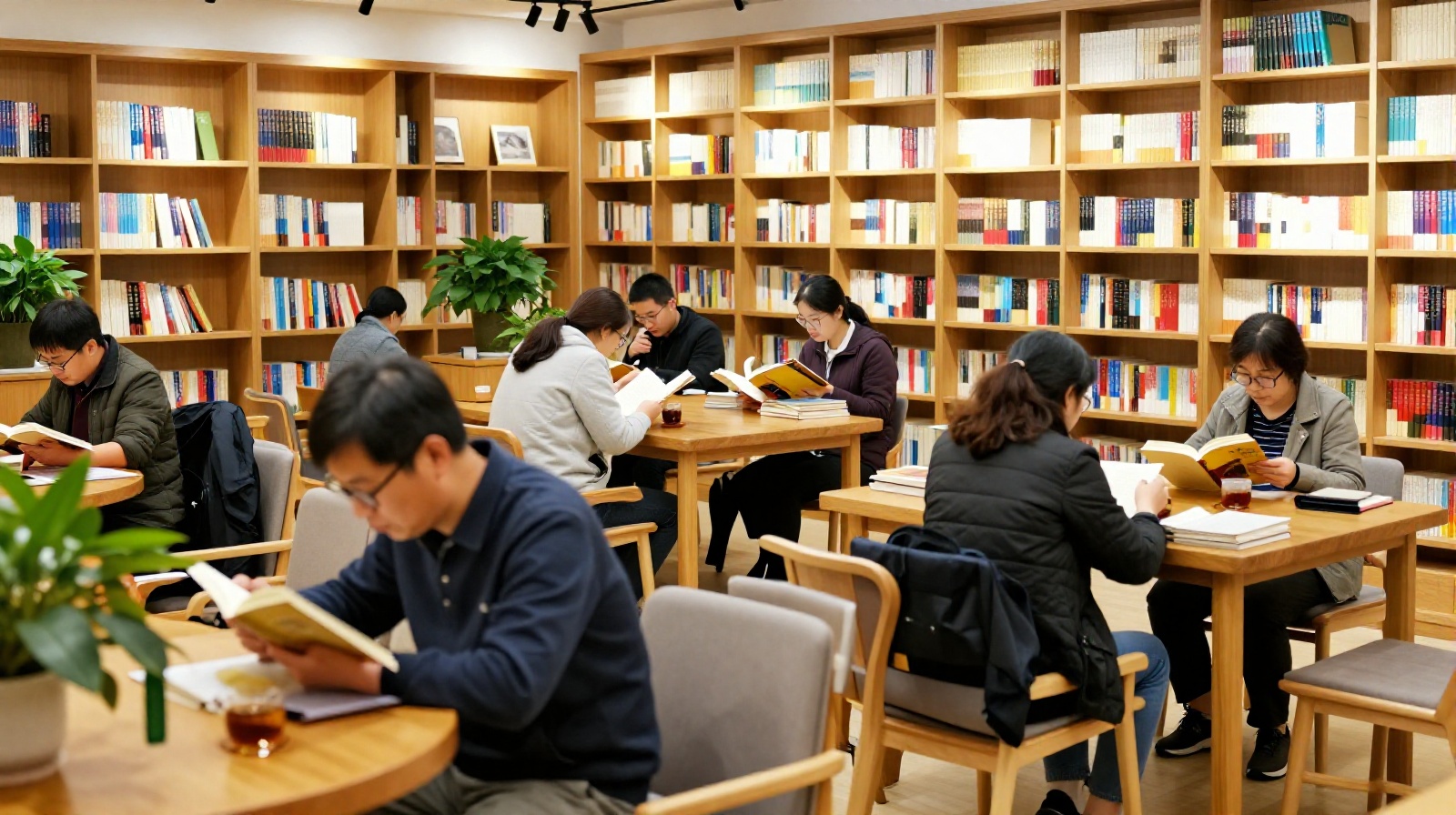 People enjoying a quiet afternoon in a modern Chinese community library with herbal tea