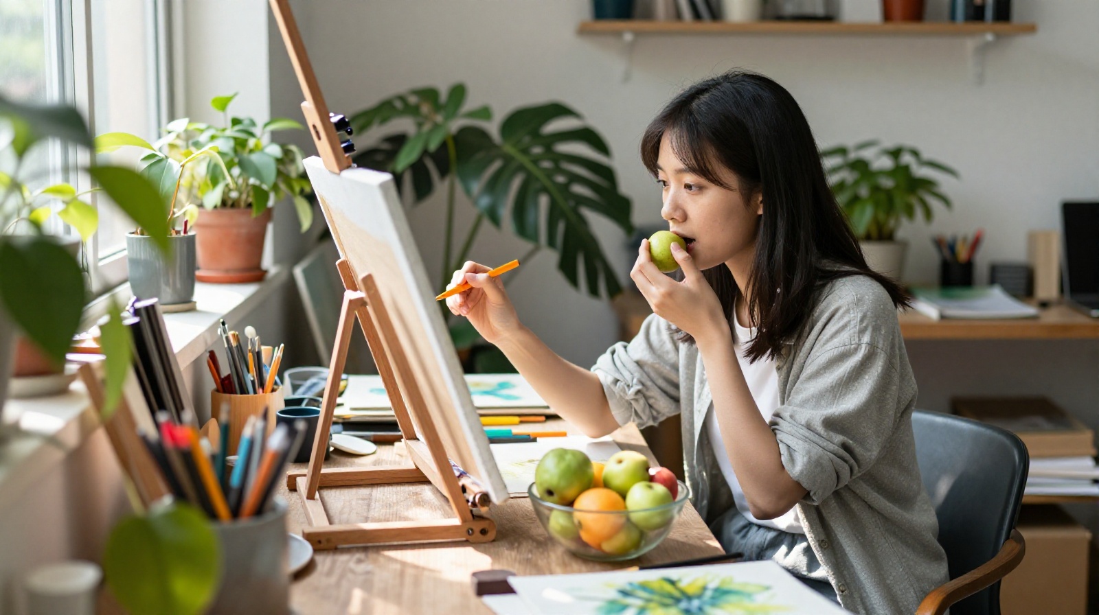 Young Chinese artist enjoying fresh fruit in her creative studio during a morning break