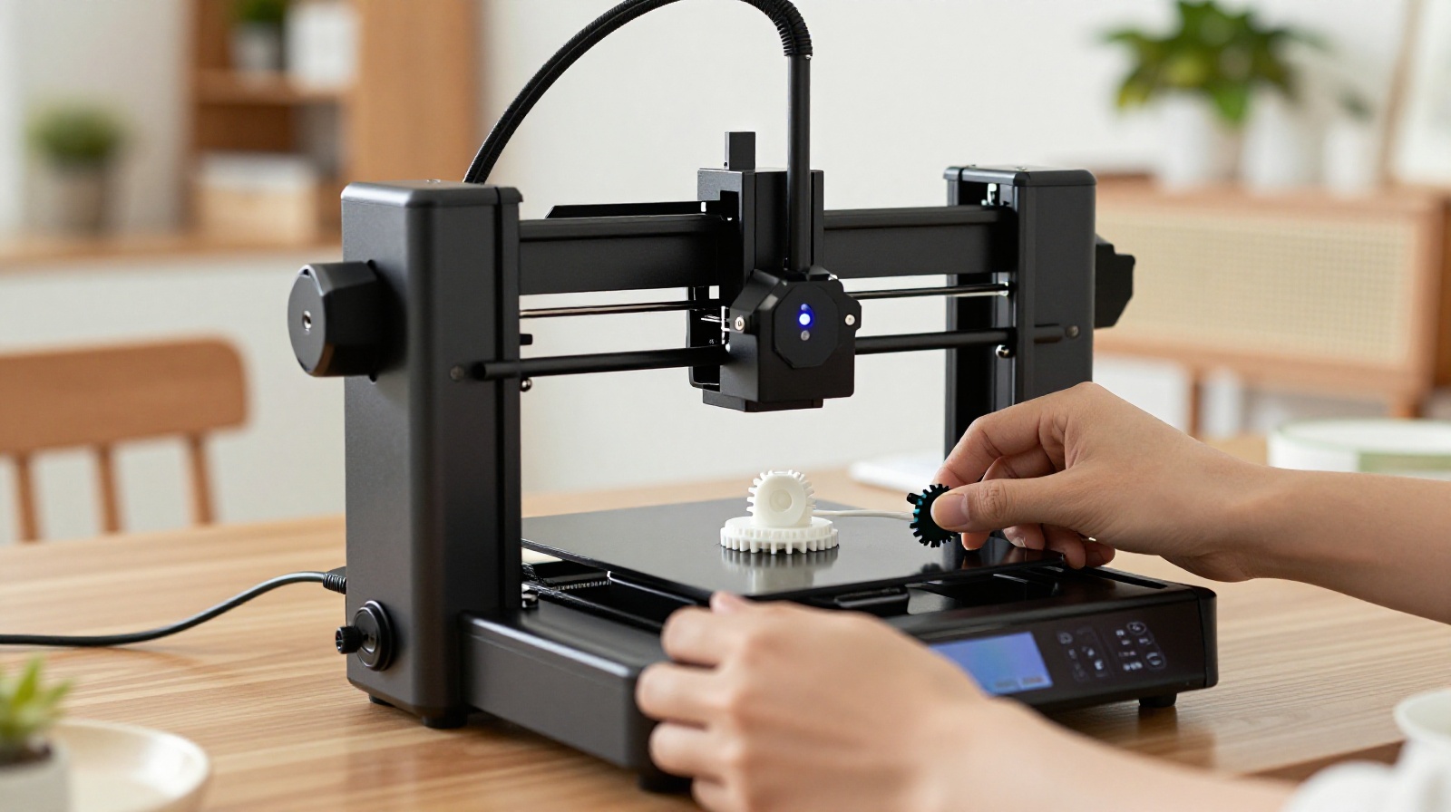 A close-up view of a family member using a white 3D printer on a wooden dining table to create a custom part for a toy car in a modern Chinese apartment.