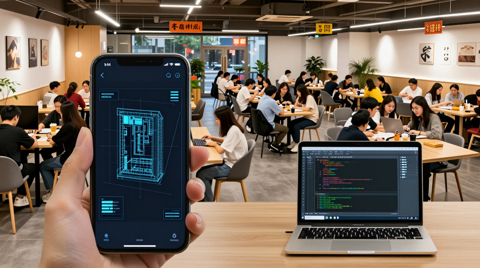 Young Chinese students collaborating in a shared workspace, looking at 3D printing models on tablets and laptops while discussing their projects.