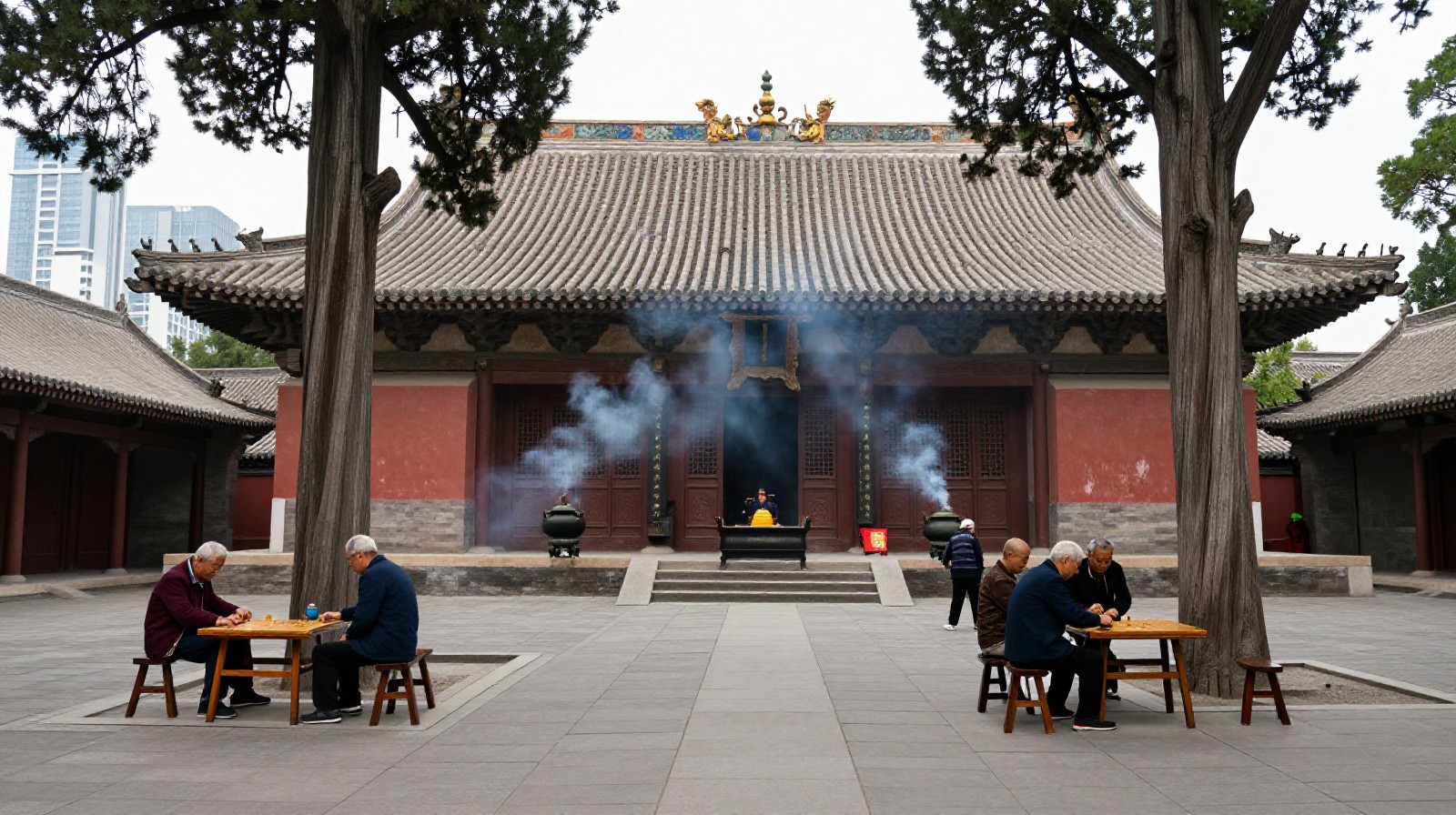 Elderly locals playing board games under ancient trees in a quiet temple courtyard in Xi'an