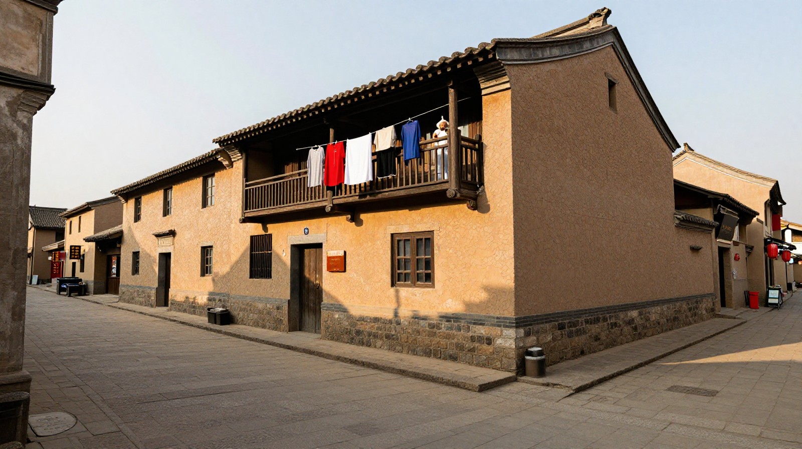 Ancient stone streets and traditional buildings in Huazhou Ancient City with locals hanging laundry