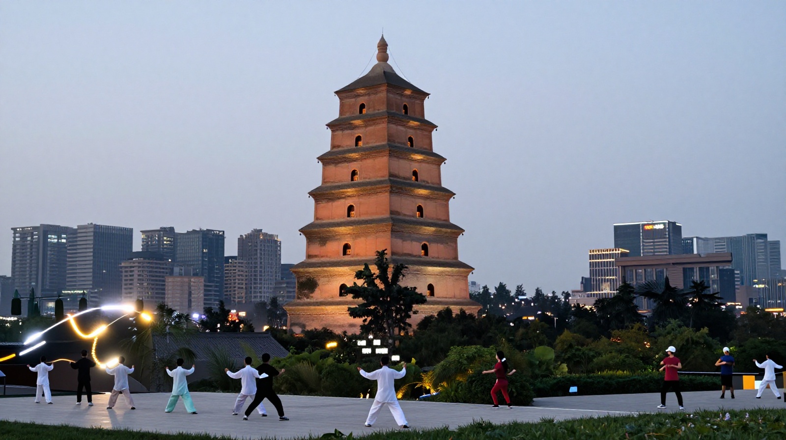 Small Wild Goose Pagoda illuminated at night with modern city skyline in the background