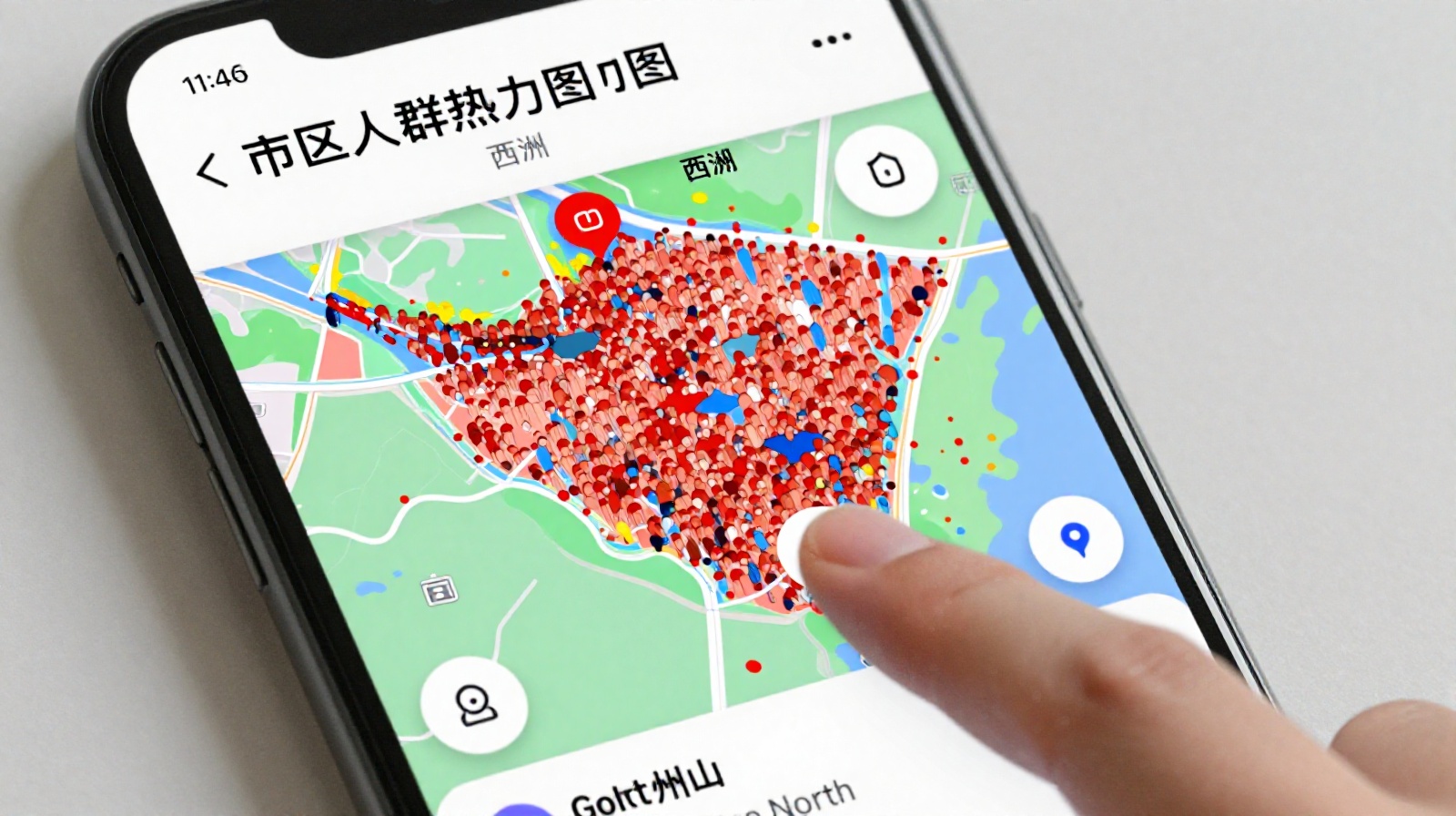 Close up of a smartphone showing a real-time crowd density map for West Lake with red and green zones