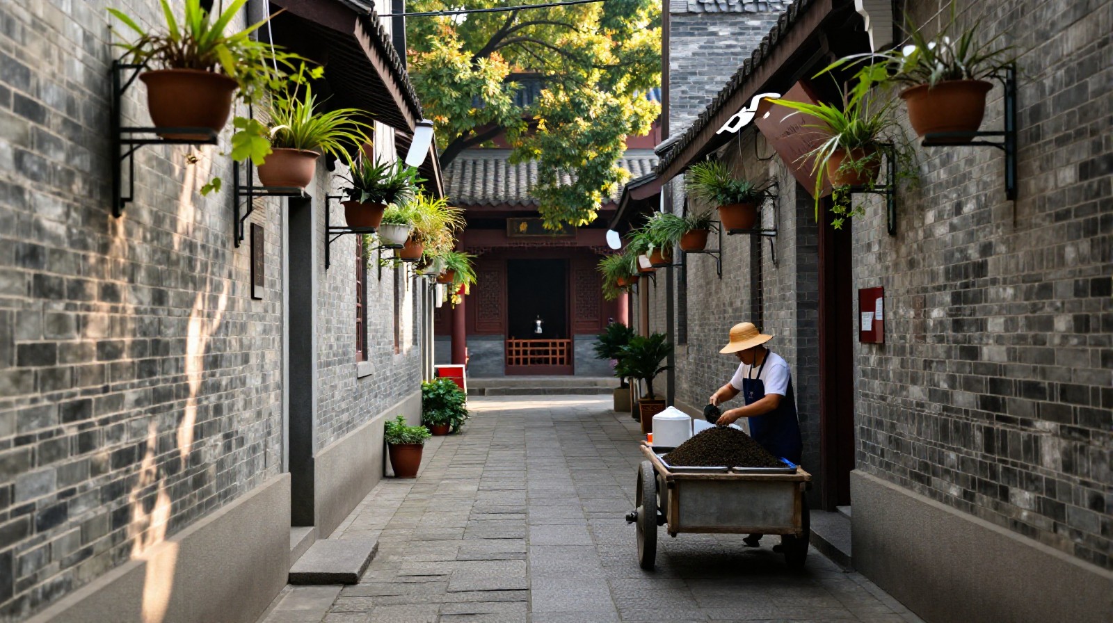 Quiet residential alley in Hangzhou with a hidden temple entrance and local tea vendor