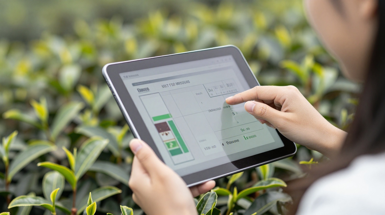 A farmer using a tablet to check agricultural data in a lush green tea field in Hangzhou