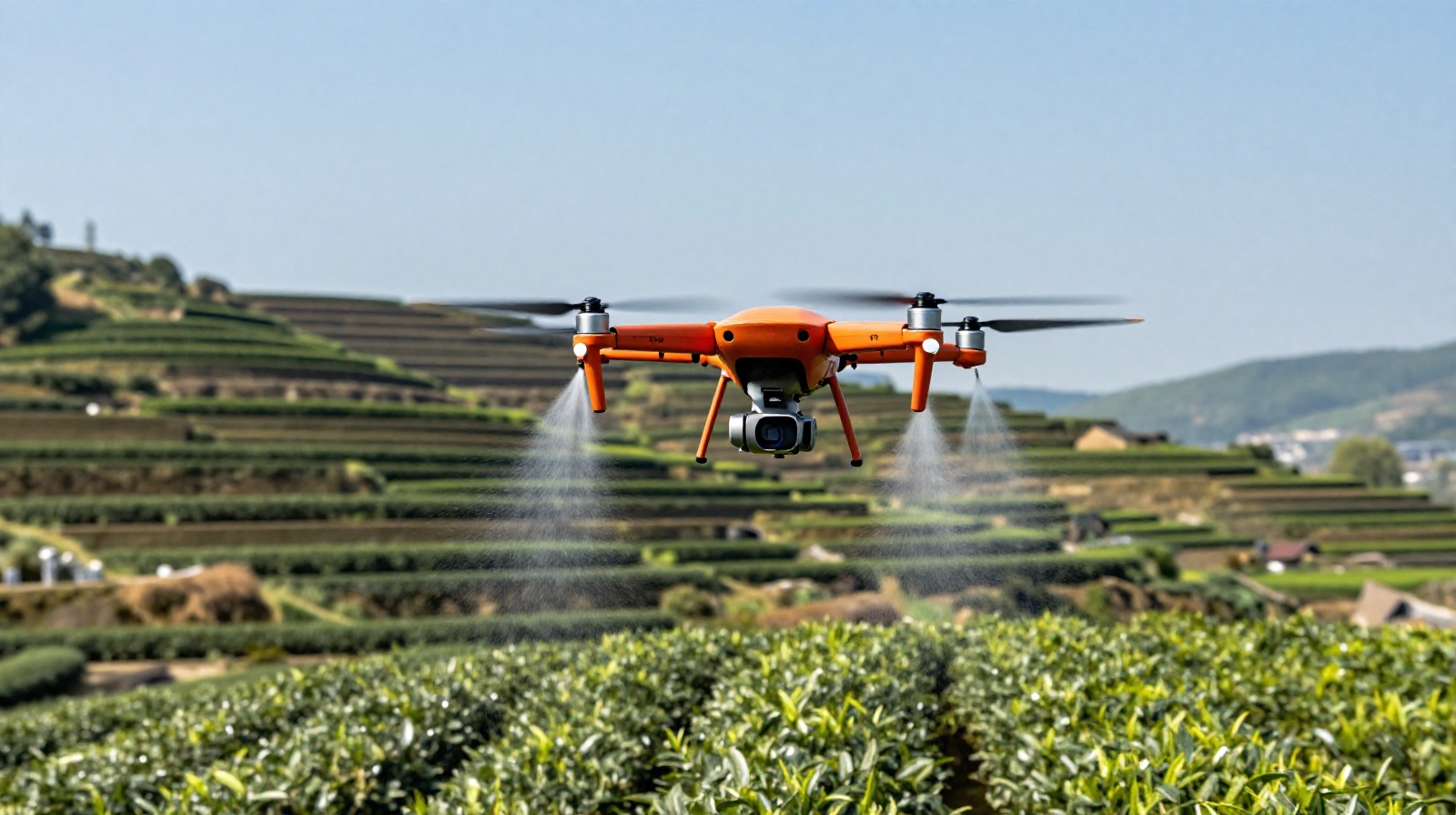 Agricultural drone flying over tea plantations for pest control in rural Hangzhou