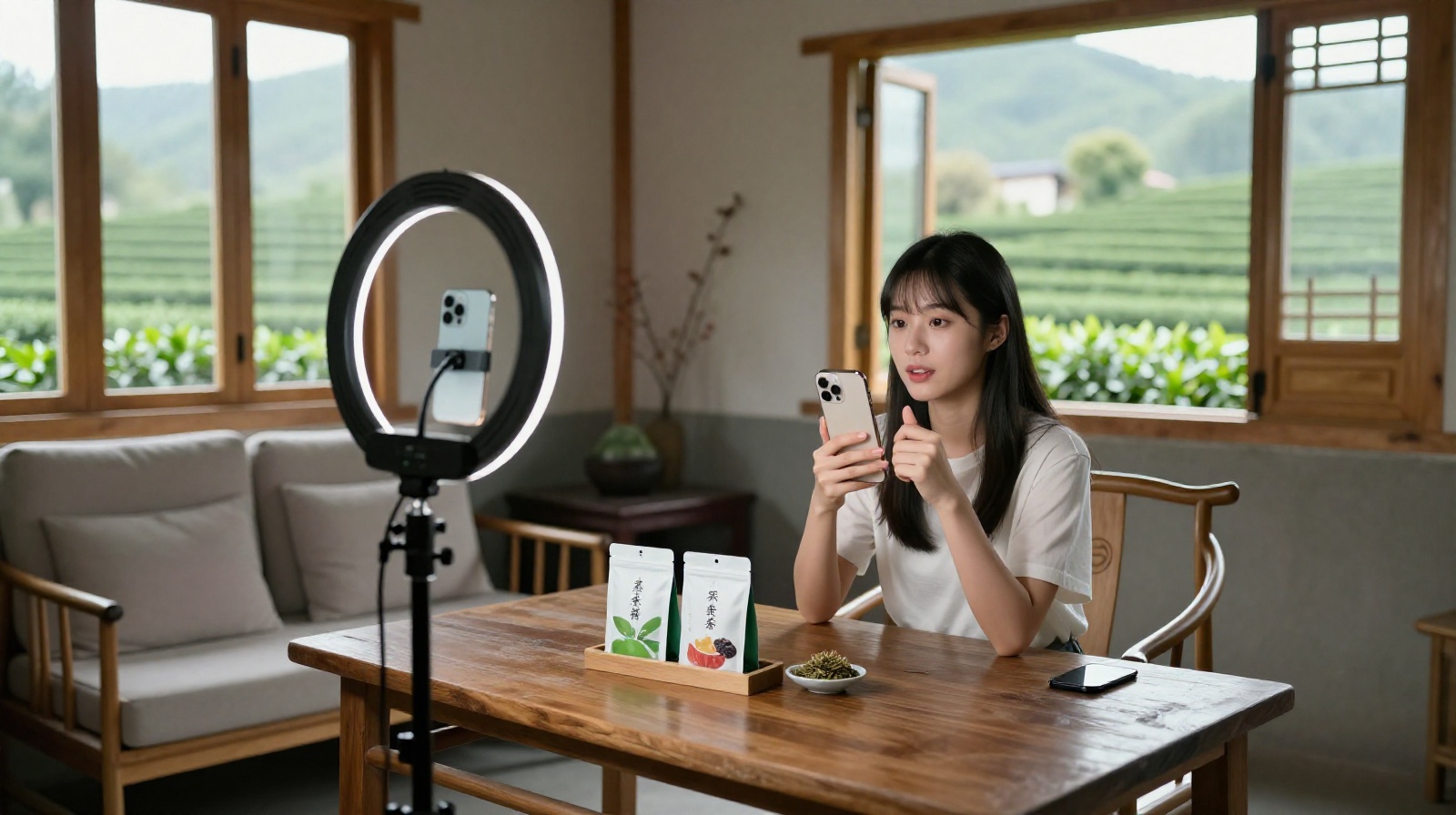 A young farmer setting up a livestream station to sell Longjing tea online