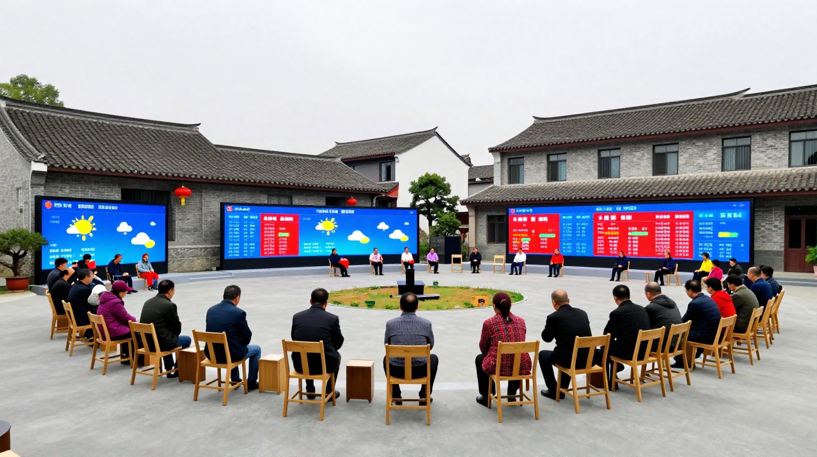 Farmers using shared technology resources at a smart agriculture station in a Chinese village
