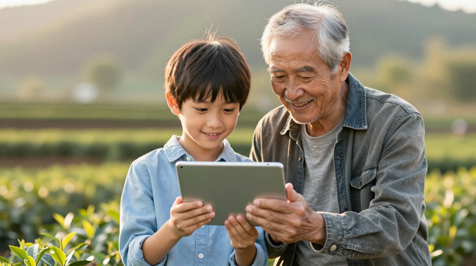 Generations of tea farmers collaborating using modern technology in the mountains