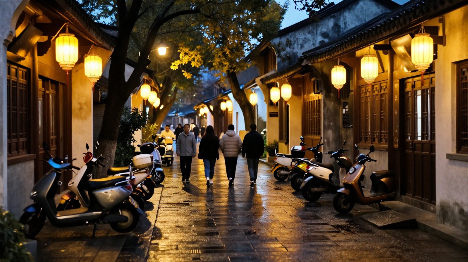 A quiet evening street scene in Hangzhou with locals walking and scooters parked under warm streetlights after tourists have left